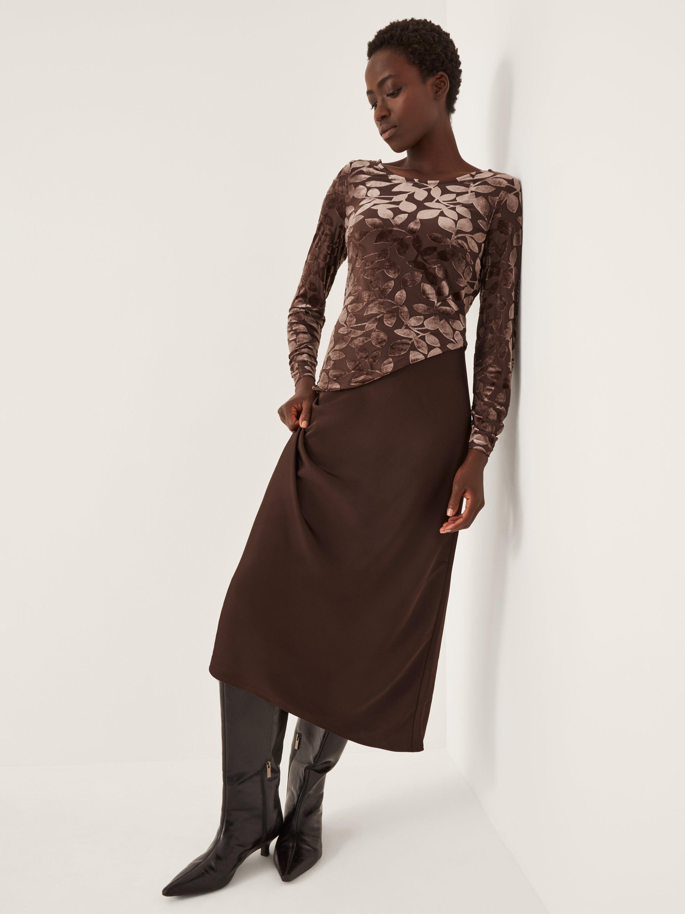 Product image 1 of 5, which shows Monsoon Delia Devore Mix Midi Dress, Chocolate, 8