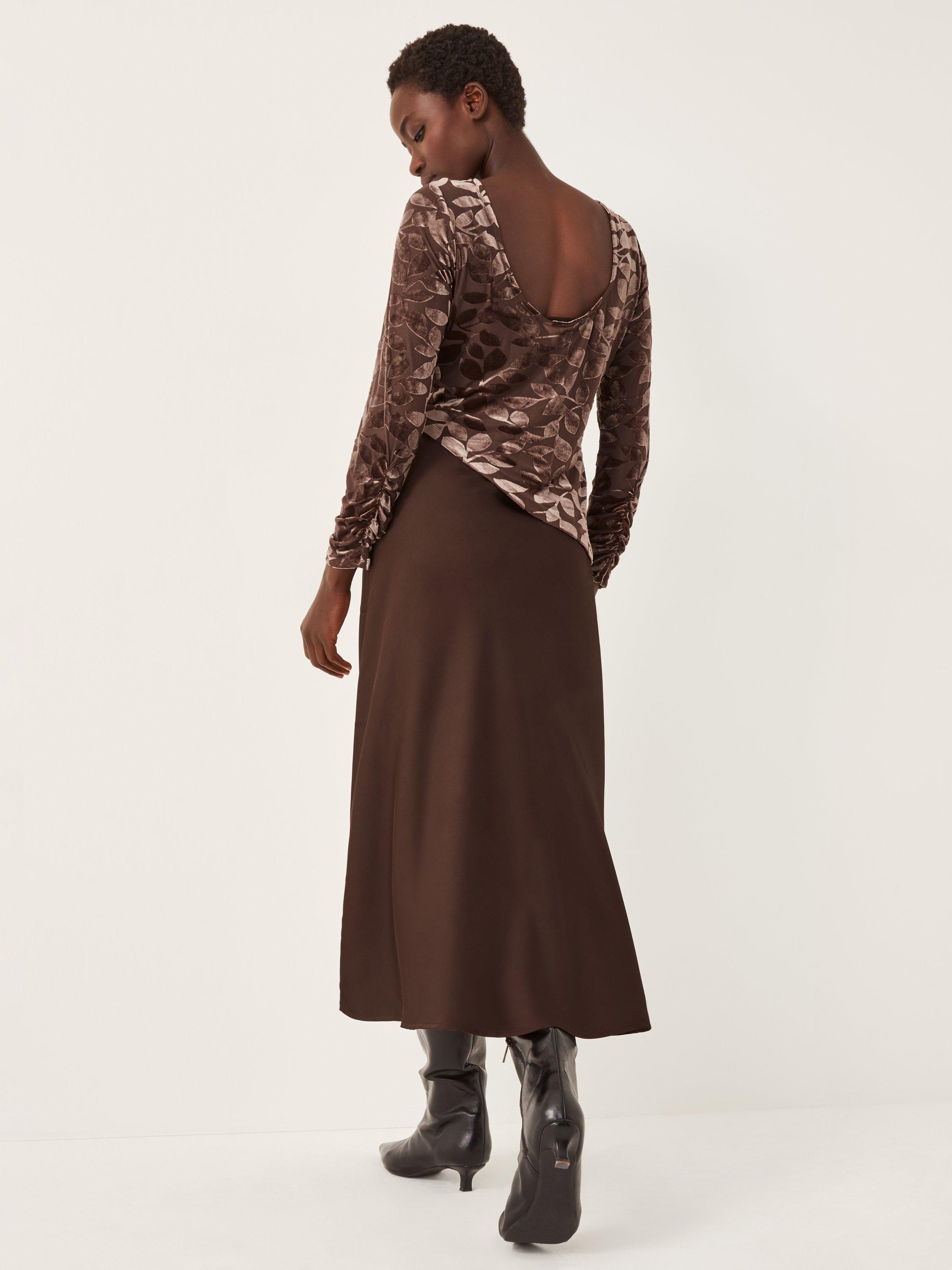 Product image 2 of 5, which shows Monsoon Delia Devore Mix Midi Dress, Chocolate, 8