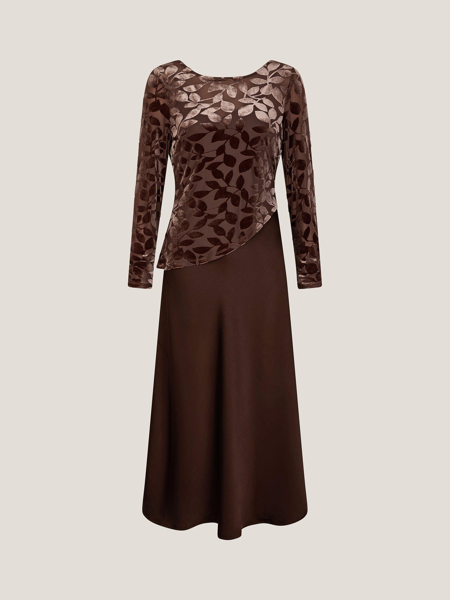 Product image 5 of 5, which shows Monsoon Delia Devore Mix Midi Dress, Chocolate, 8