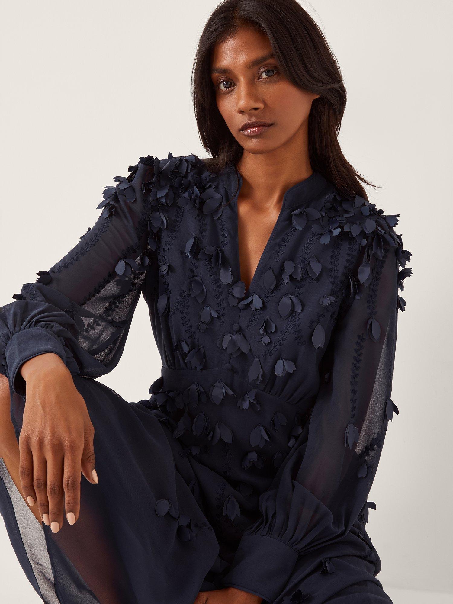 Product image 3 of 5, which shows Monsoon Gwen Textured Midi Dress, Navy, 8