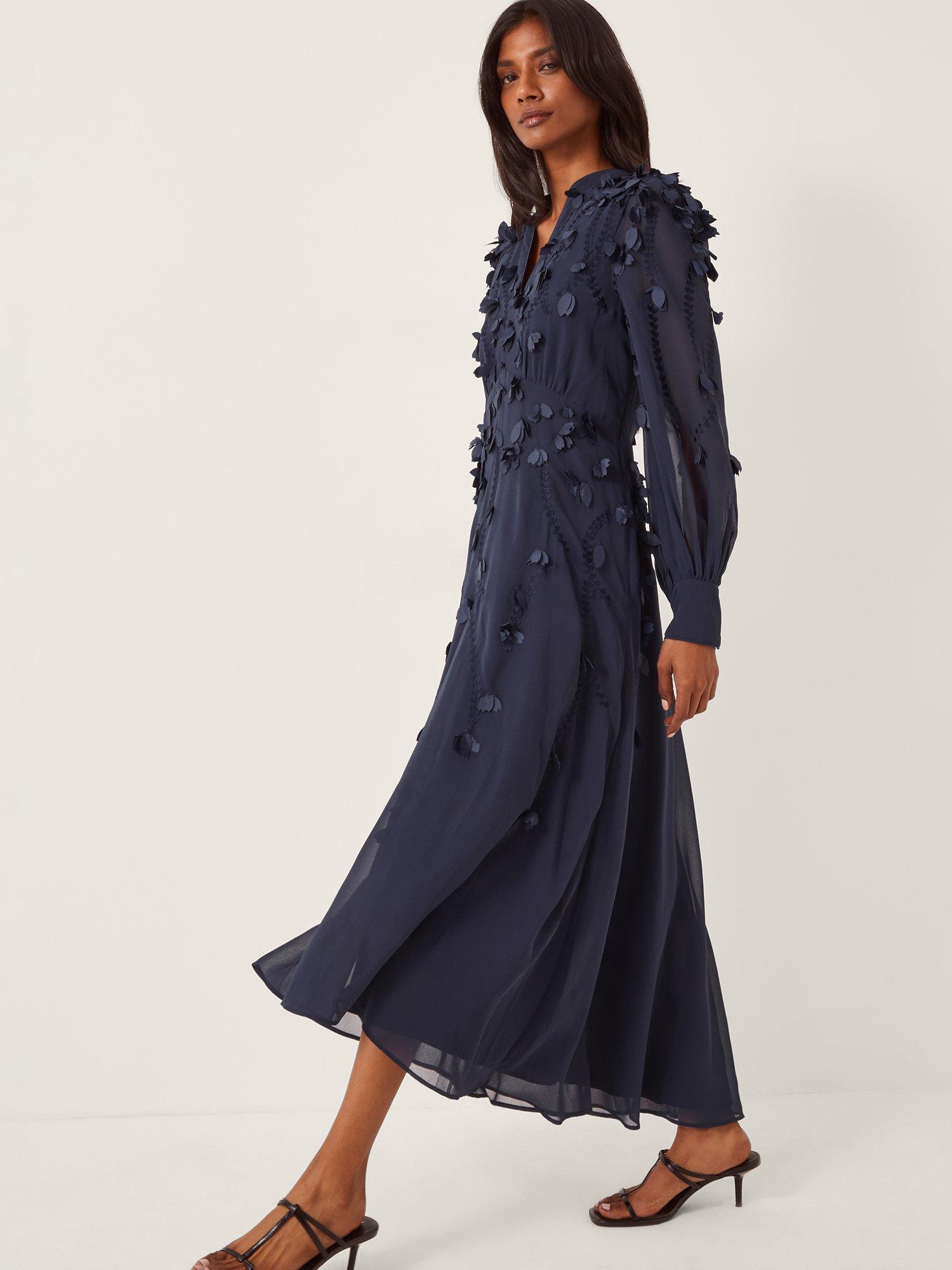 Product image 4 of 5, which shows Monsoon Gwen Textured Midi Dress, Navy, 8