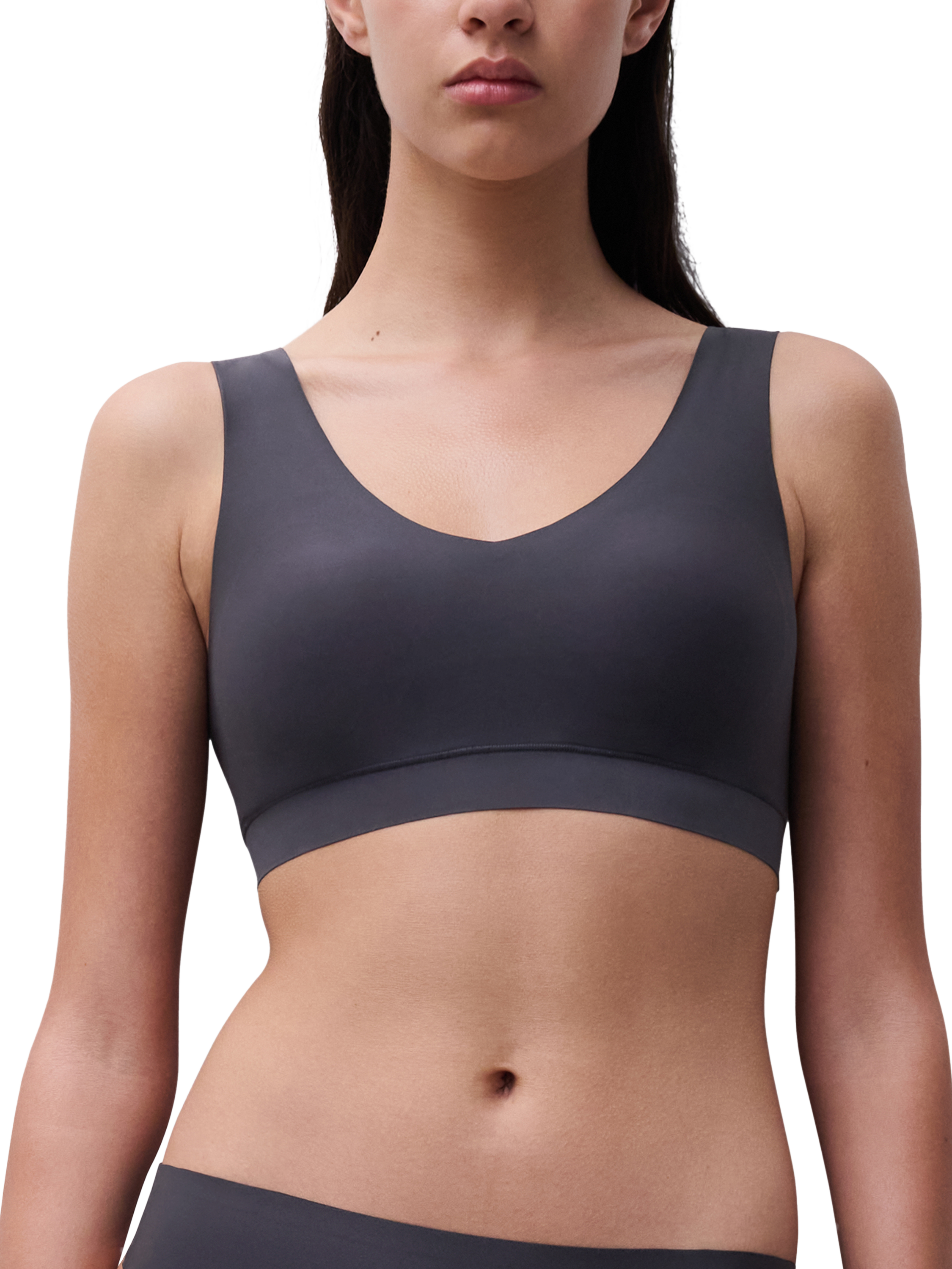 Product image 1 of 5, which shows Chantelle Soft Stretch V-Neck Padded Crop Bra, Carbon, XS-S