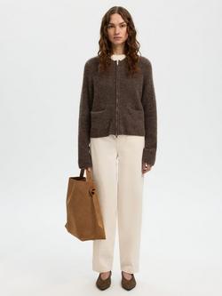 Selected Sia Long Sleeve Wool Mix Knitted Short Cardigan, Chocolate Chip - view 2, Chocolate Chip