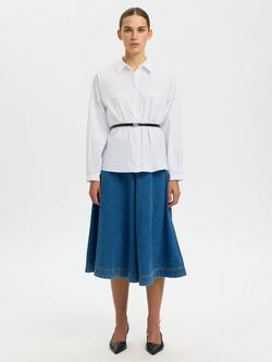 Selected Delia Long Sleeve Cotton Pleated Shirt, Bright White, Bright White