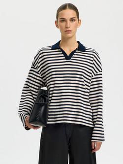 Selected Milly Long Sleeve Cotton Polo Top, Dark Sapphire, Dark Sapphire