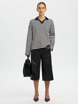 Selected Milly Long Sleeve Cotton Polo Top, Dark Sapphire - view 2, Dark Sapphire