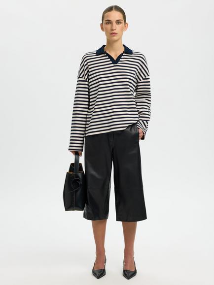 Selected Milly Long Sleeve Cotton Polo Top, Dark Sapphire - view 2, Dark Sapphire