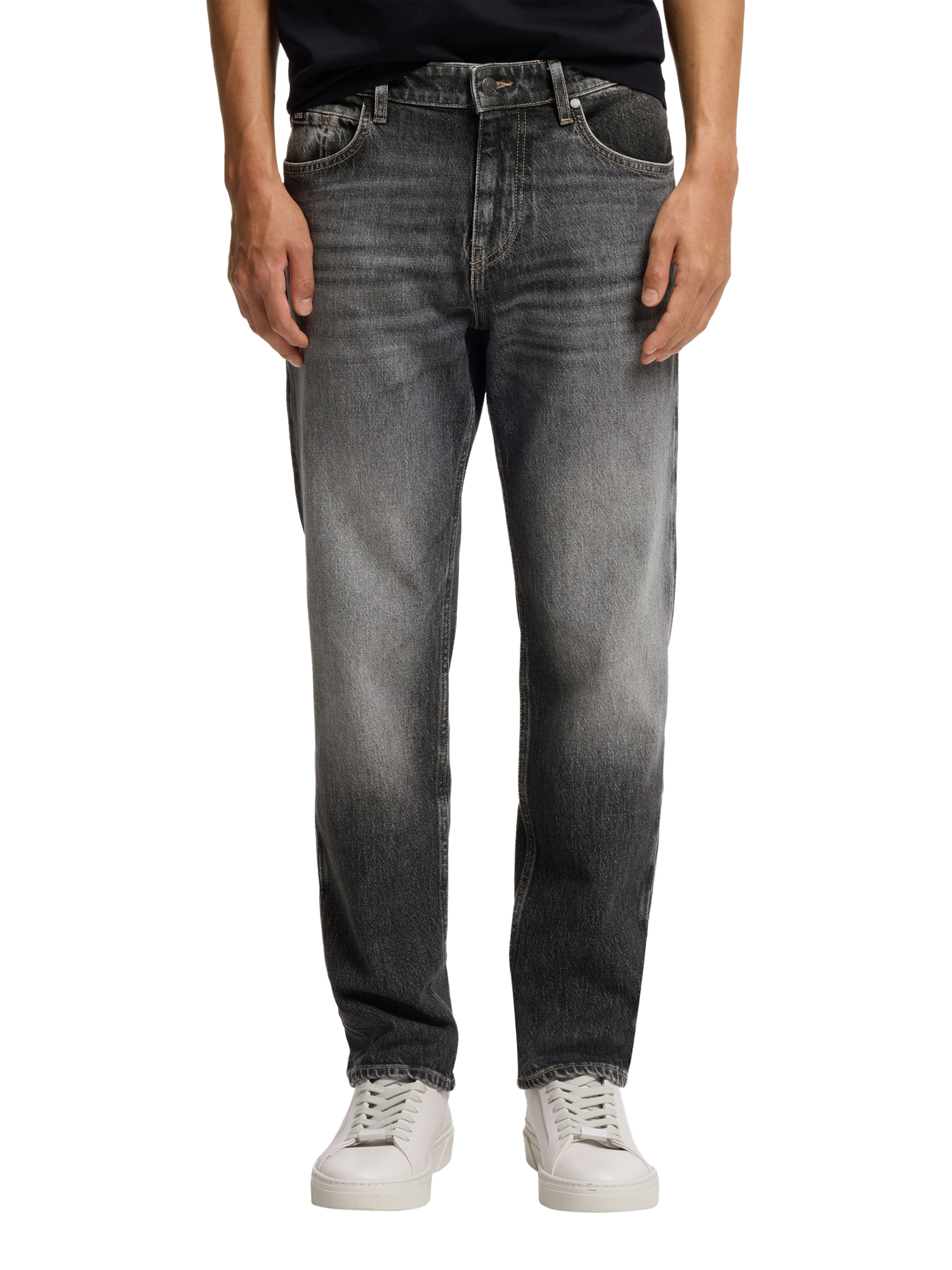 Product image 1 of 6, which shows BOSS Maine Tapered Jeans, Black, 32R