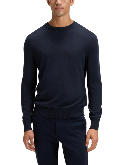 BOSS Cotton Rich French Shoulder Crew Neck Knit Jumper, Dark Blue