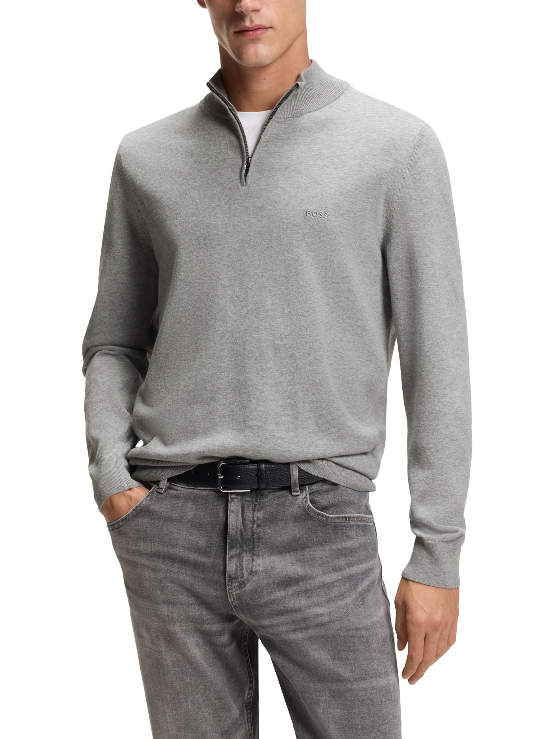 Product image 1 of 5, which shows HUGO BOSS BOSS Padro Half Zip Cotton Jumper, Silver, M