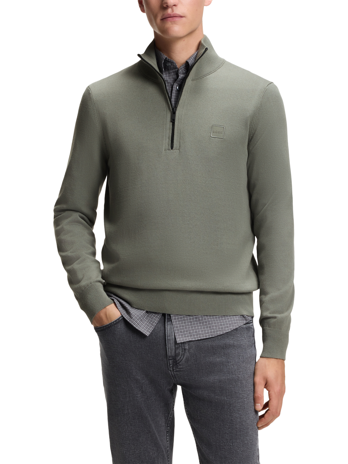 Product image 1 of 5, which shows BOSS Cotton with Cashmere Quarter-Zip Jumper, Mid Grey, L