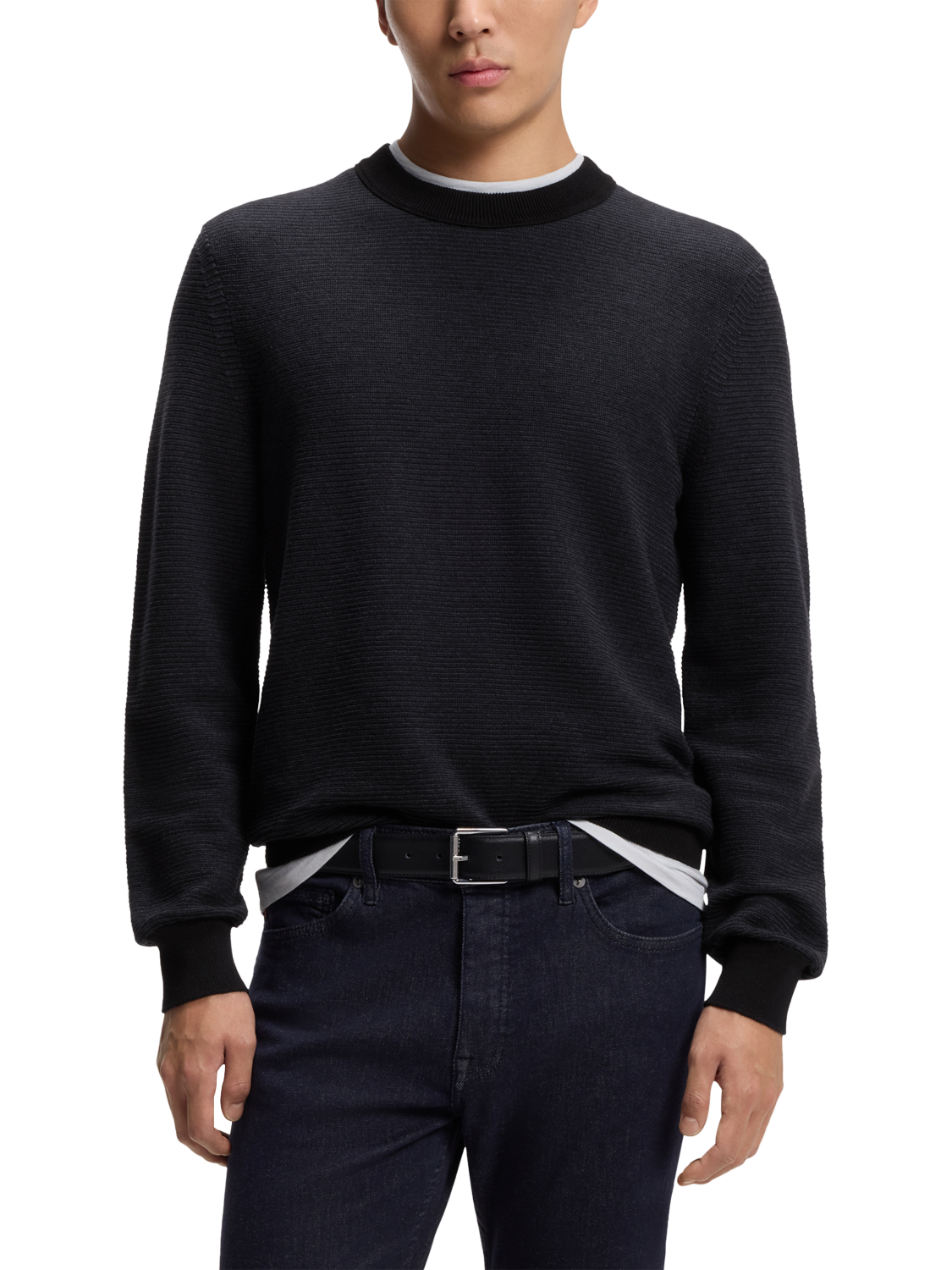 Product image 1 of 5, which shows HUGO BOSS BOSS Cotton Blend Round Neck Jumper, Black, M