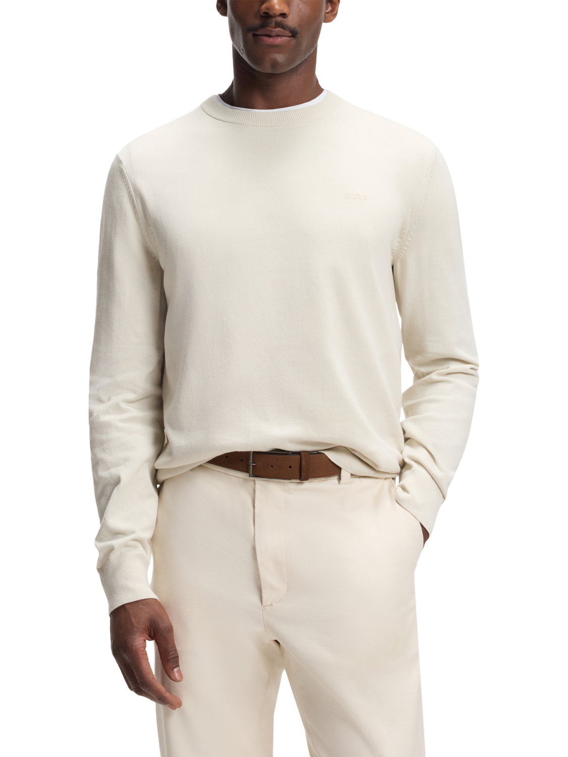 Product image 1 of 5, which shows HUGO BOSS BOSS Cotton Round Neck Jumper, Open White, M