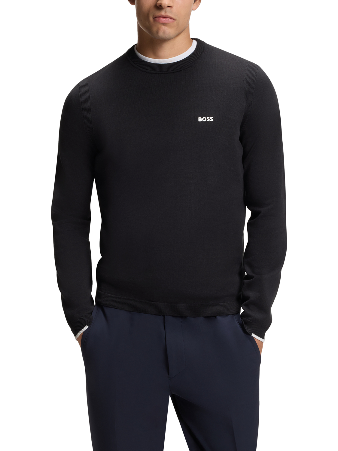 Product image 1 of 5, which shows HUGO BOSS BOSS Cotton Crew Neck Jumper, Dark Blue, L
