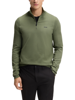 BOSS Ever-X Cotton Knitted Quarter Zip Top, Olive