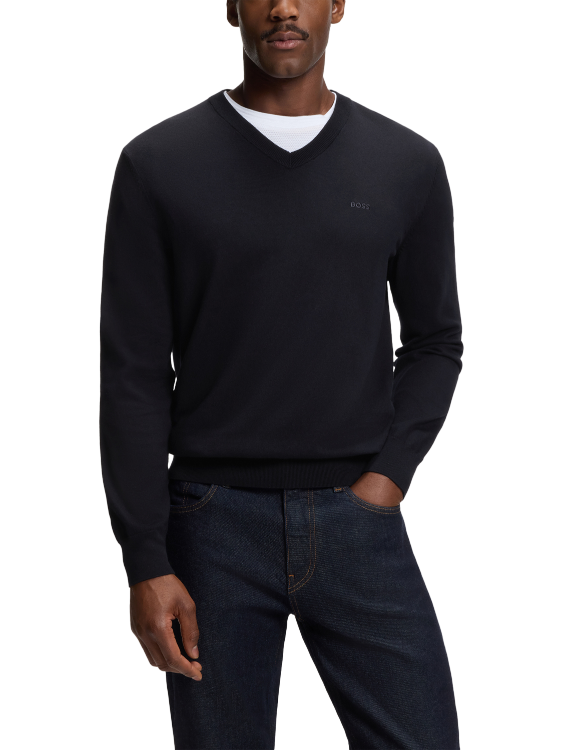 Product image 1 of 5, which shows HUGO BOSS BOSS Cotton Crew Neck Jumper, Dark Blue, M