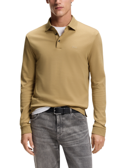 HUGO BOSS BOSS Pado Long Sleeve Cotton Polo Shirt, Dark Beige, Dark Beige