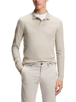 HUGO BOSS BOSS Passerby Long Sleeve Cotton Blend Polo Shirt, Open Grey, Open Grey