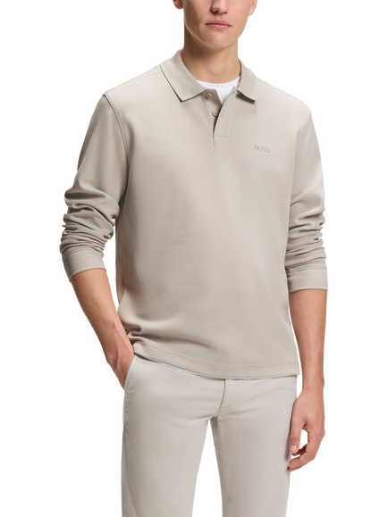 HUGO BOSS BOSS Cotton Blend Long Sleeve Polo Shirt, Open Grey, Open Grey