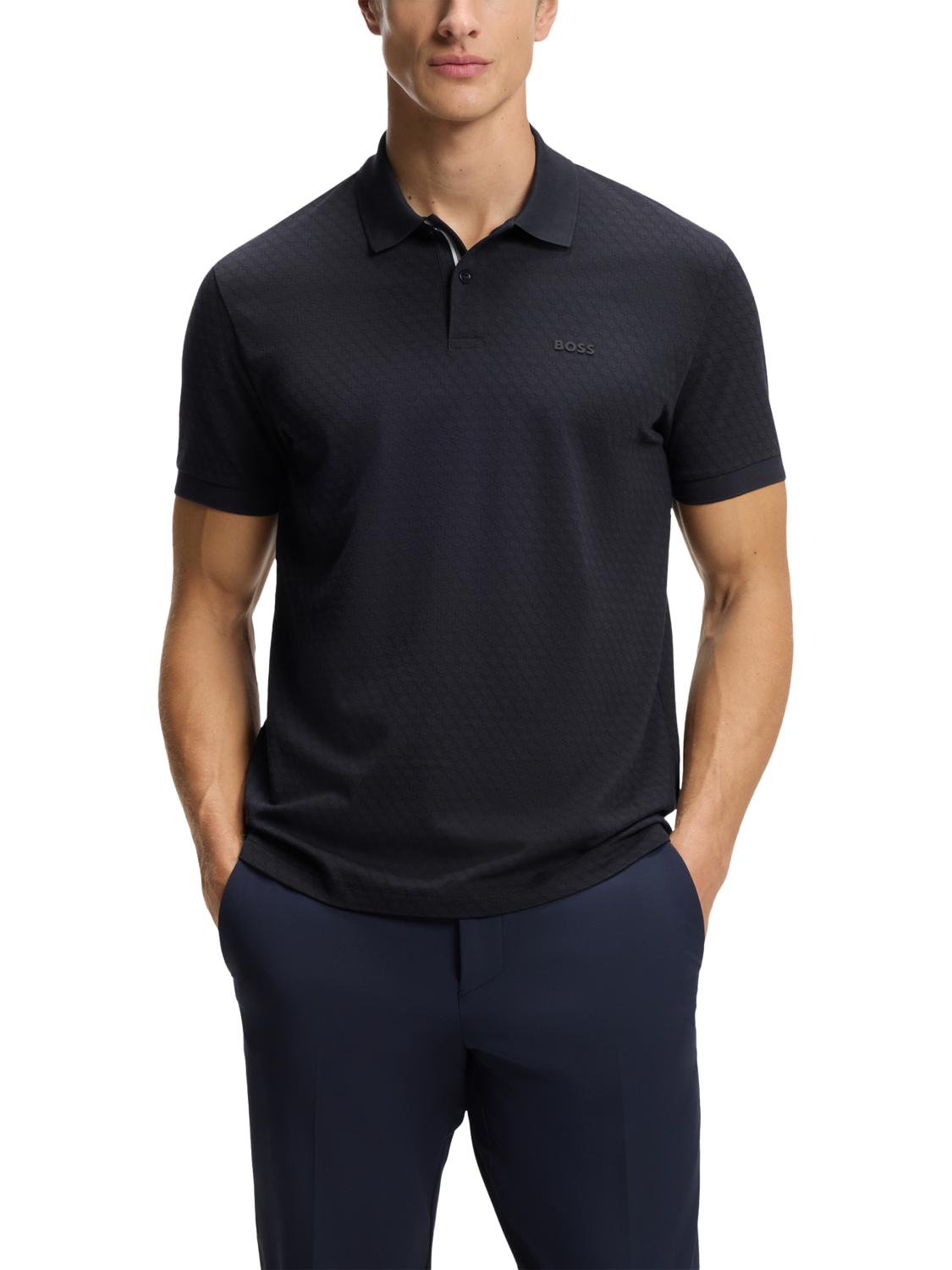 Product image 1 of 5, which shows HUGO BOSS BOSS Chip Pattern Cotton Polo Shirt, Dark Blue, M