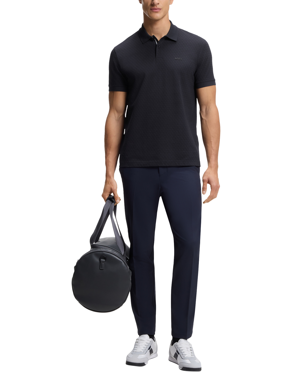 Product image 3 of 5, which shows HUGO BOSS BOSS Chip Pattern Cotton Polo Shirt, Dark Blue, M