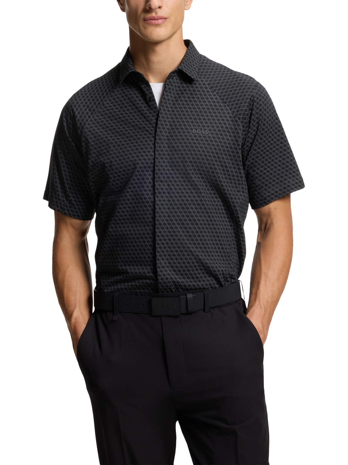 Product image 1 of 6, which shows BOSS Cotton Regular Fit Geometric Shirt, Charcoal, M