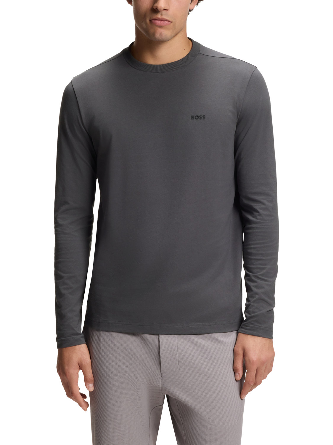 Product image 1 of 11, which shows BOSS Essentials Cotton Blend Regular Fit Long Sleeve T-Shirt, Open Grey, L