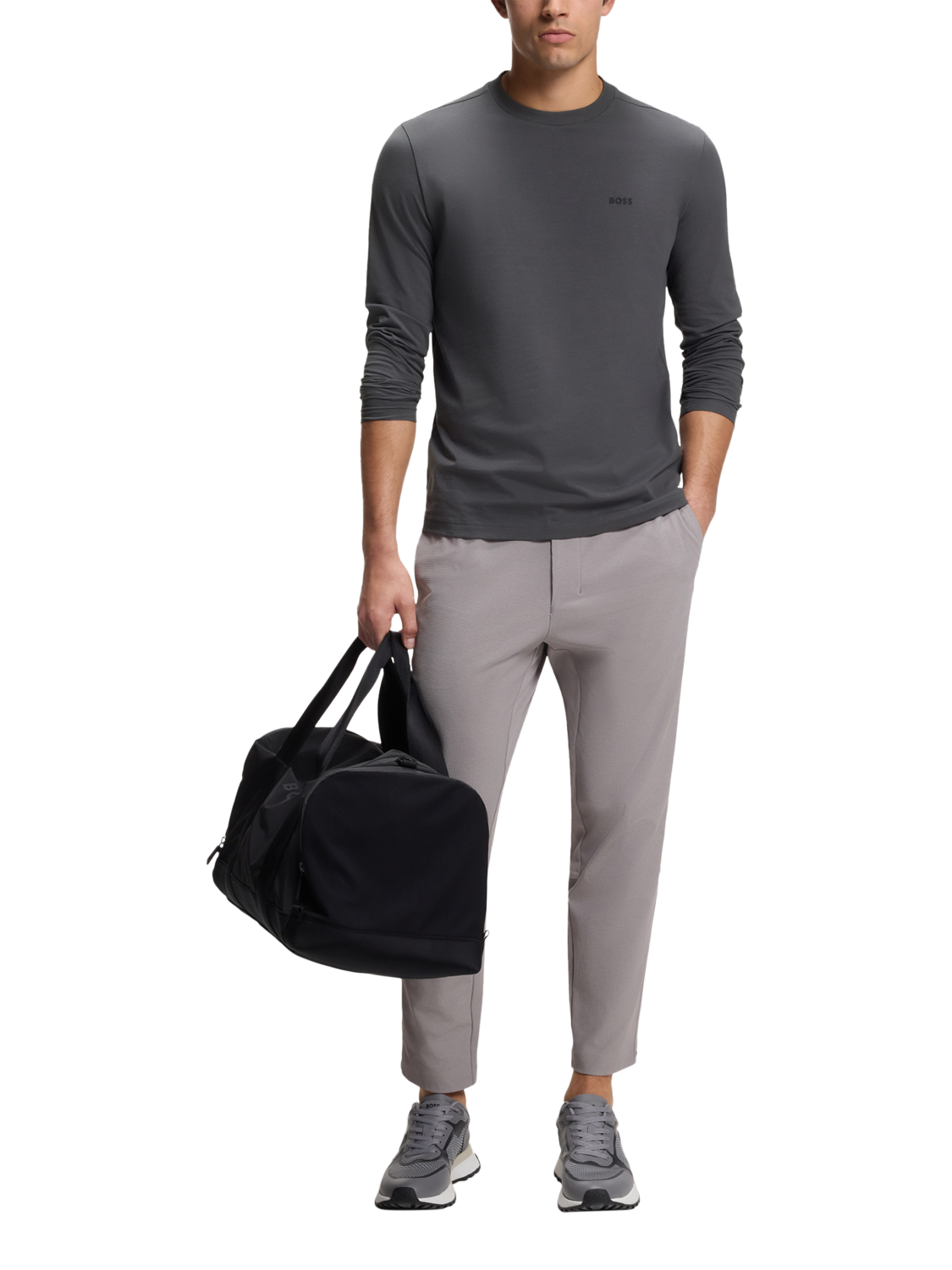 Product image 3 of 11, which shows BOSS Essentials Cotton Blend Regular Fit Long Sleeve T-Shirt, Open Grey, L