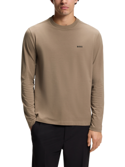 BOSS Cotton Blend Regular Fit Long Sleeve Contrast Logo T-Shirt, Light Brown, Light Brown
