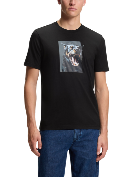 BOSS Cotton Regular Fit Short Sleeve Dog Graphic T-Shirt, Black, Black