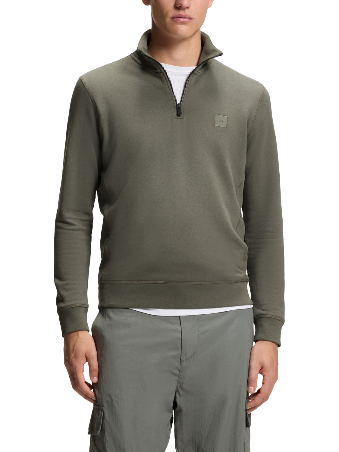 Product image 1 of 5, which shows BOSS Quarter-Zip Cotton Sweatshirt, Mid Grey, L