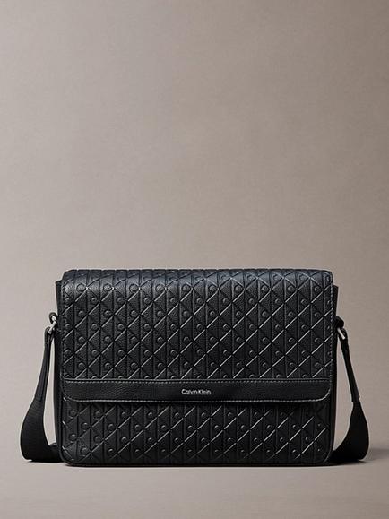 Calvin Klein Embossed Emblem Logo Flap Messenger Bag, Black, Black