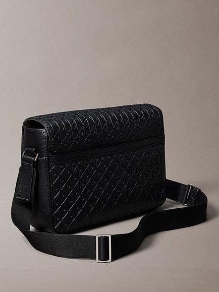 Calvin Klein Embossed Emblem Logo Flap Messenger Bag, Black - view 2, Black