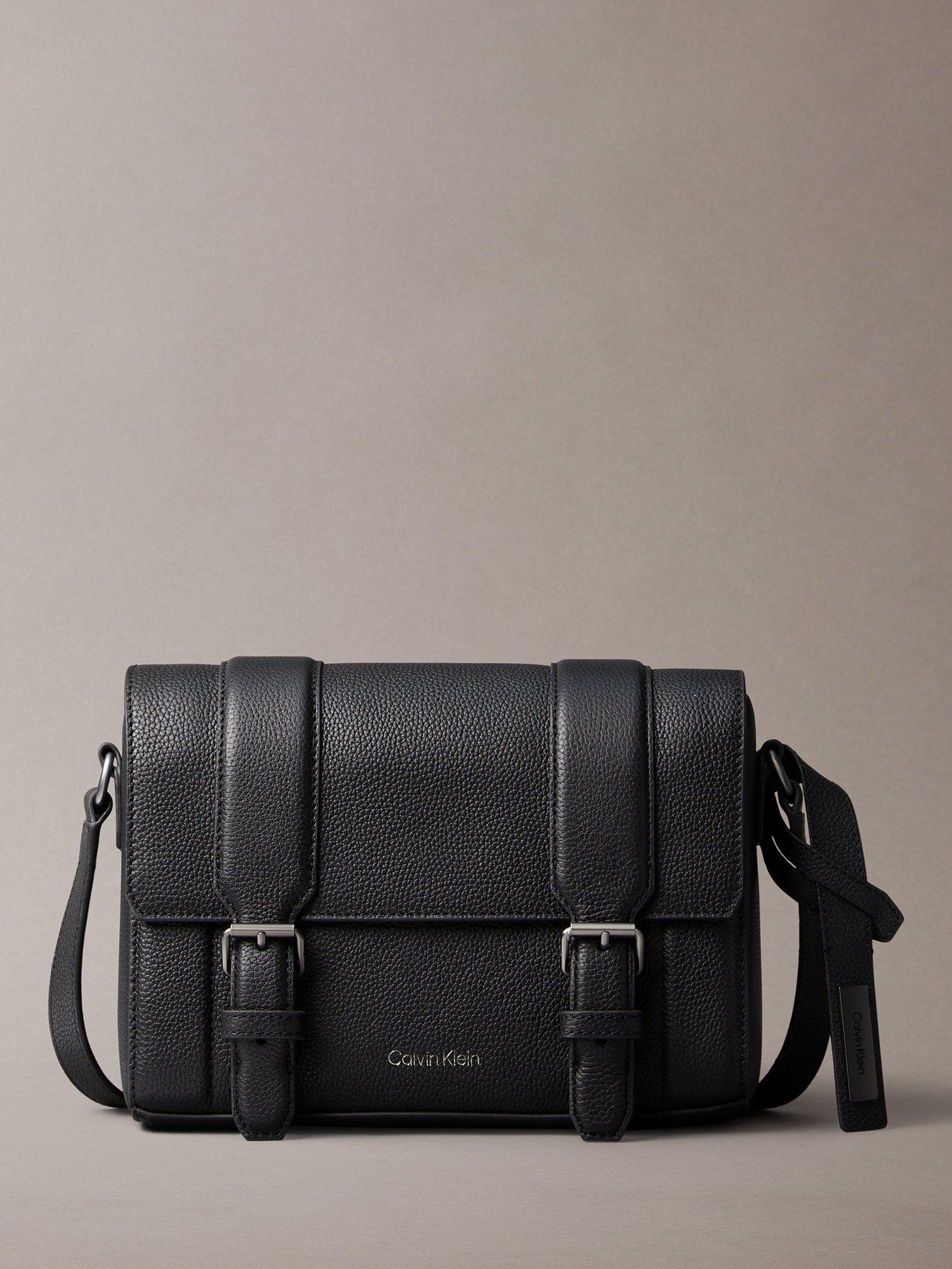 Product image 1 of 5, which shows Calvin Klein Leather Flap Messenger Bag, Black, One Size