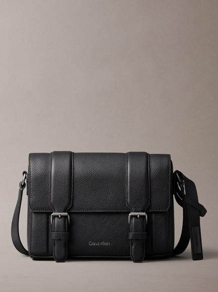 Calvin Klein Leather Flap Messenger Bag, Black, Black