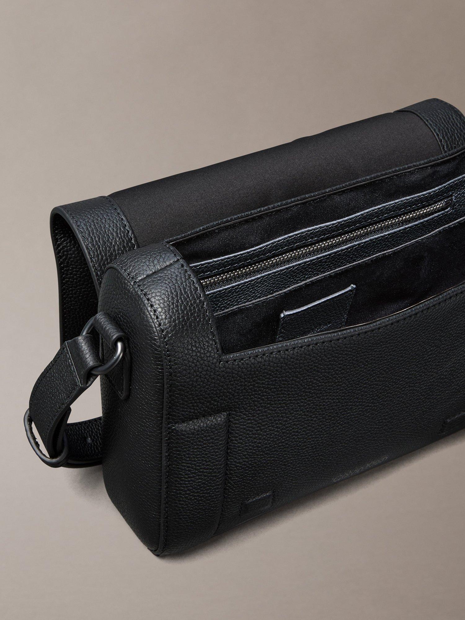 Product image 4 of 5, which shows Calvin Klein Leather Flap Messenger Bag, Black, One Size