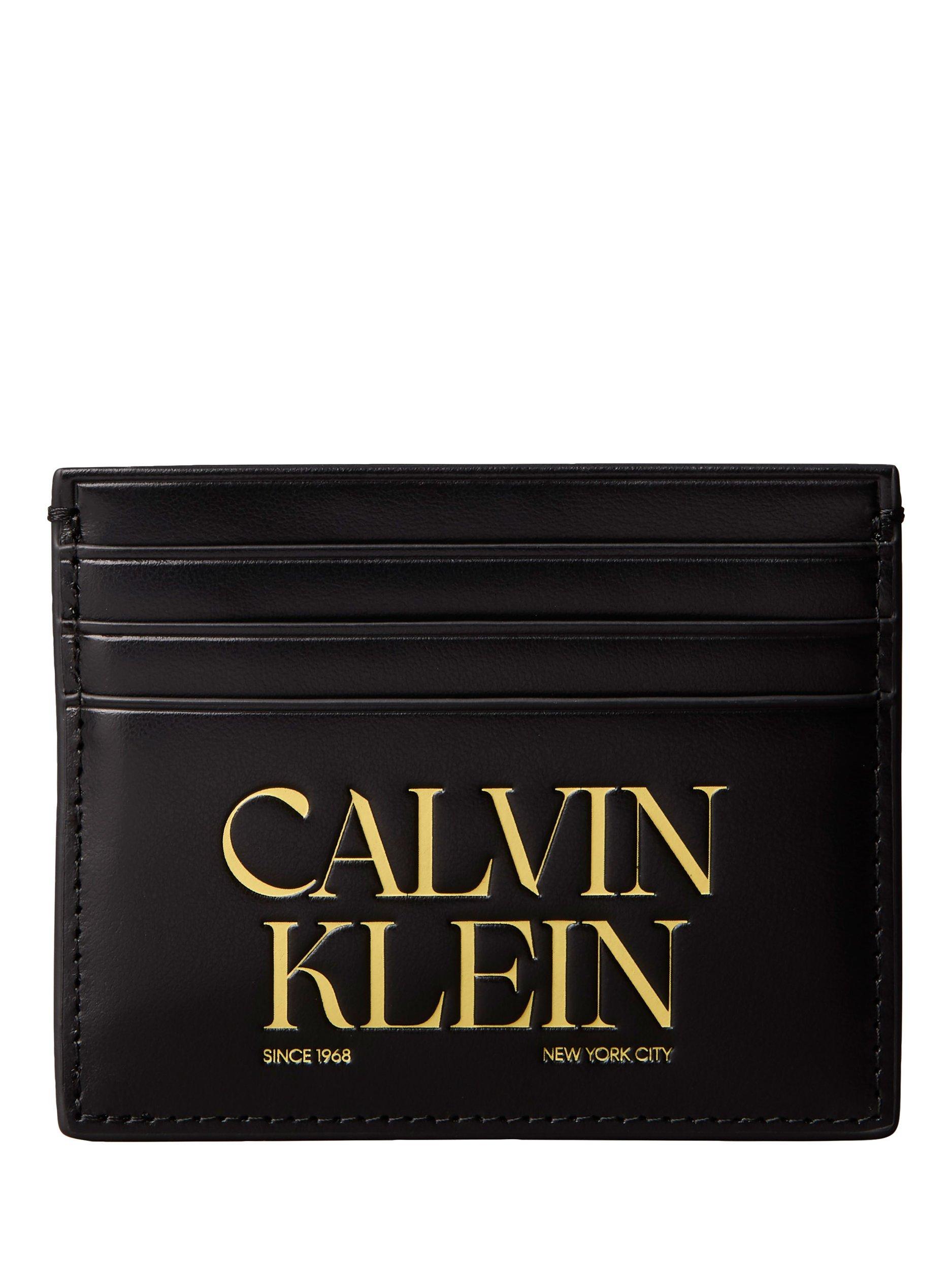 Product image 1 of 4, which shows Calvin Klein Logo Leather Card Holder, Black, One Size