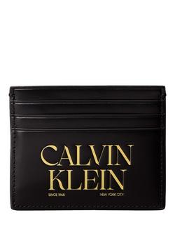 Calvin Klein Logo Leather Card Holder, Black, Black