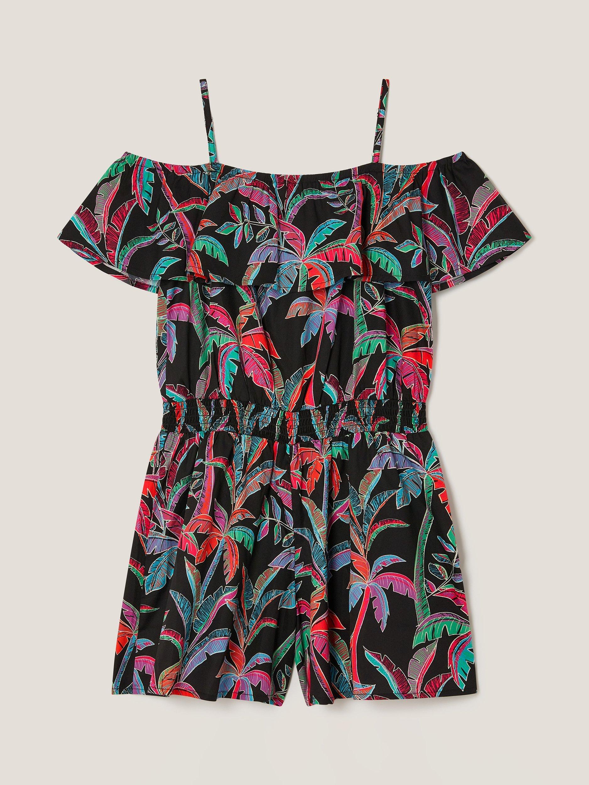 Product image 1 of 3, which shows Monsoon Kids' Neon Tropic Playsuit, Black/Multi, 7-8 years