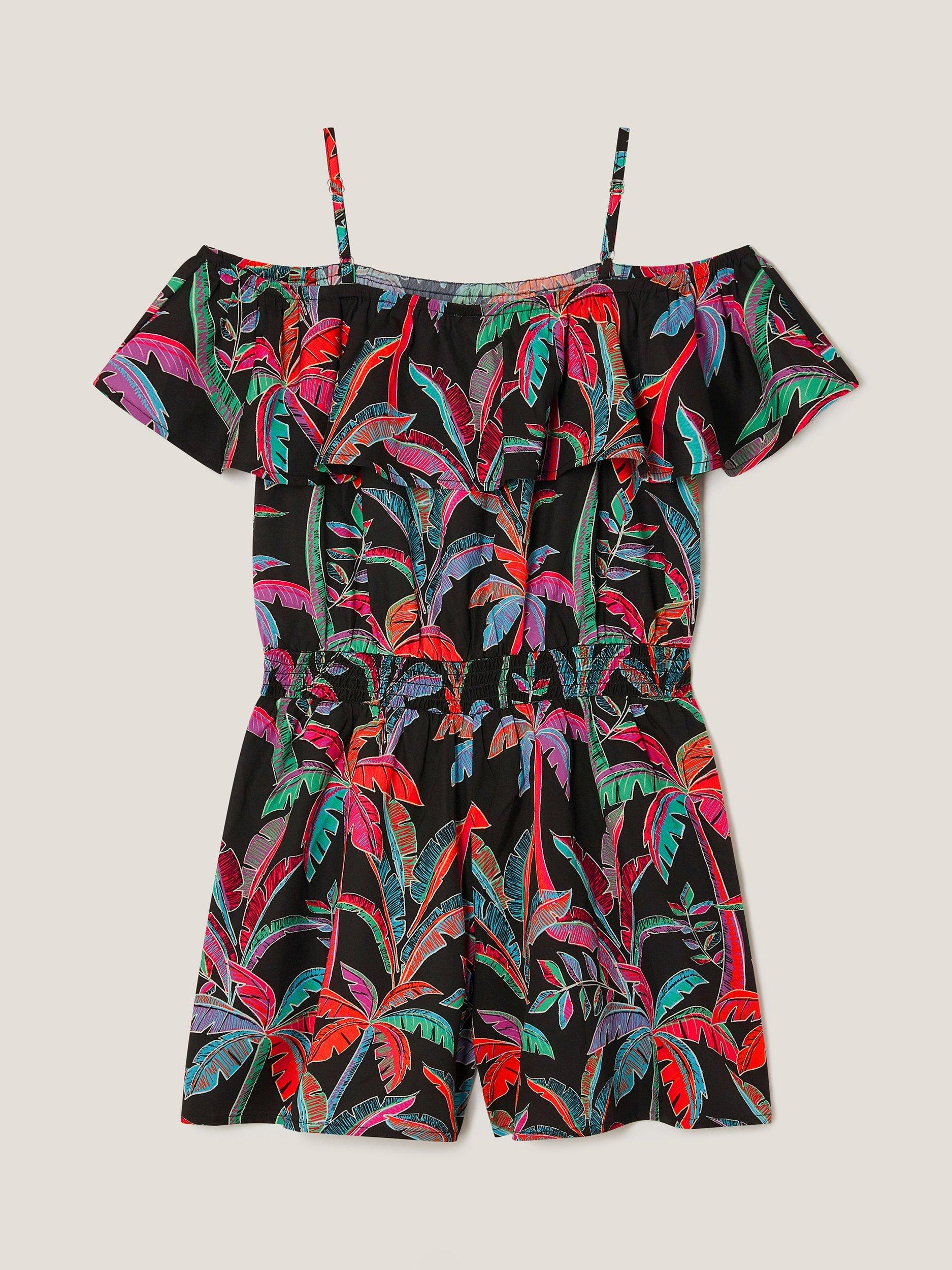 Product image 2 of 3, which shows Monsoon Kids' Neon Tropic Playsuit, Black/Multi, 7-8 years