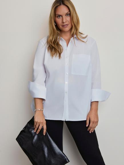 Live Unlimited Curve Button Back Poplin Shirt, White, White