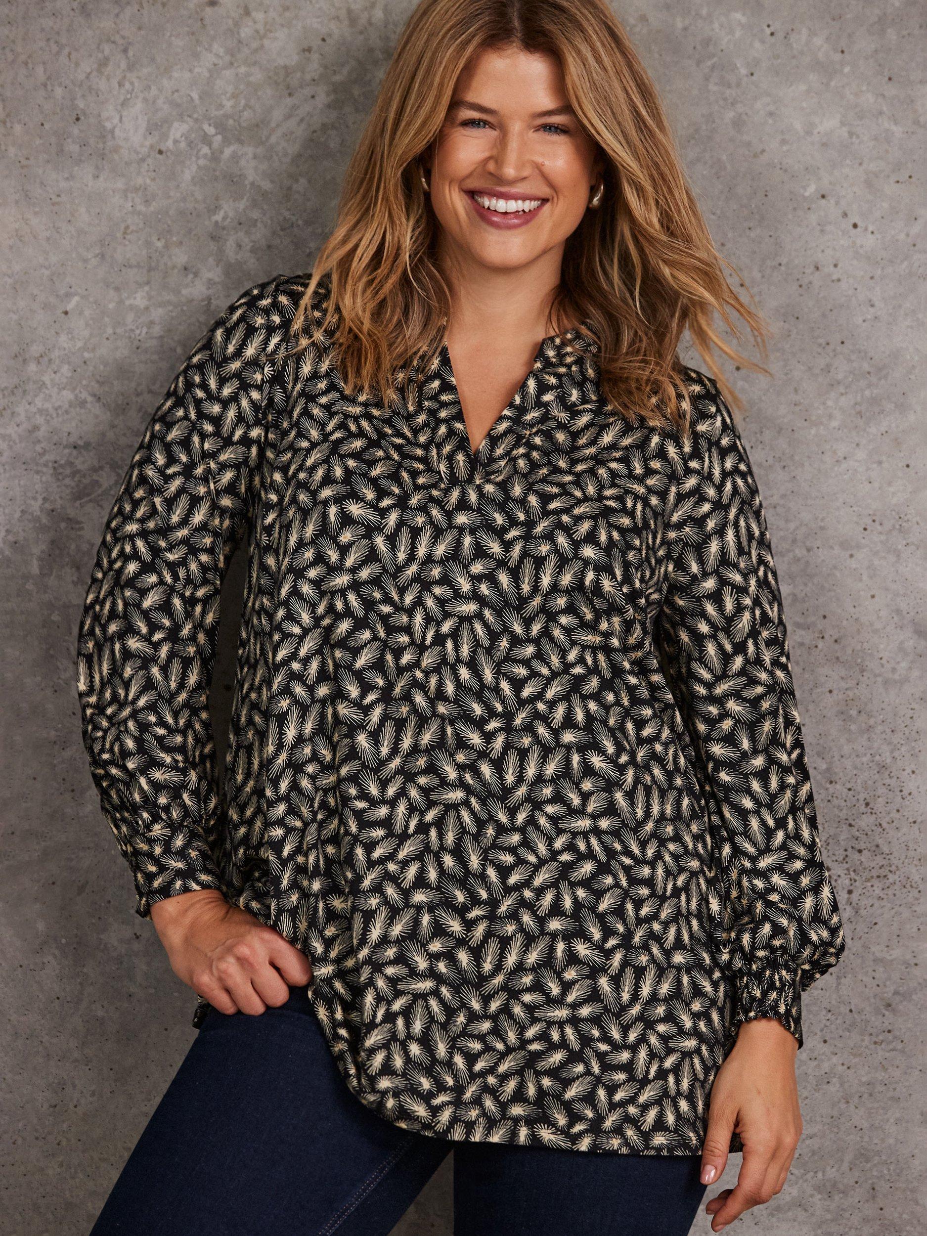 Product image 1 of 5, which shows Live Unlimited Curve Petite Abstract Feather Print Top, Black/Multi, 12