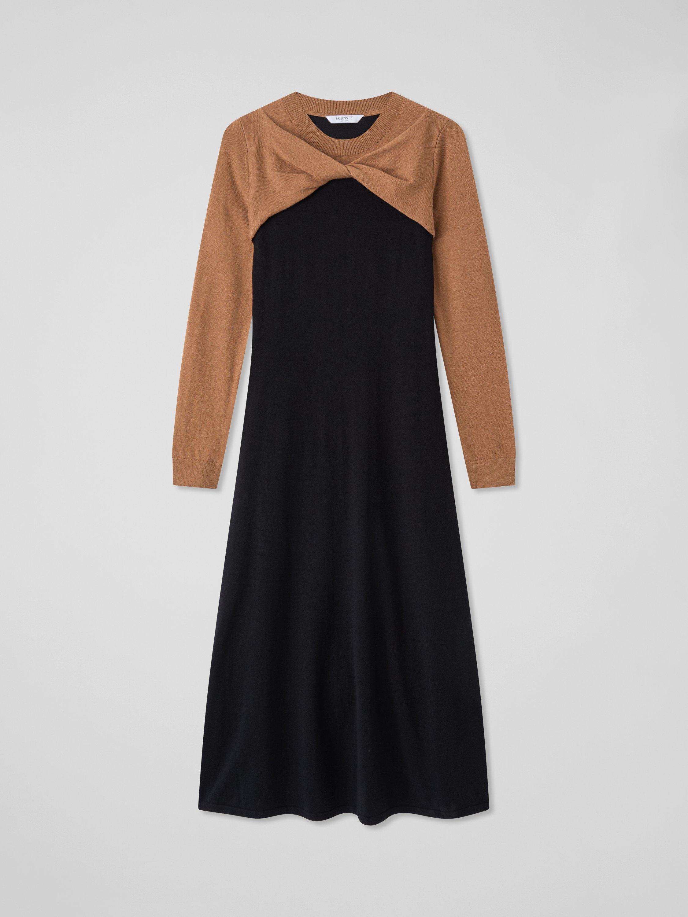 Product image 4 of 4, which shows L.K.Bennett Aletta Knit Colour Block Midi Dress, Black/Multi, XS