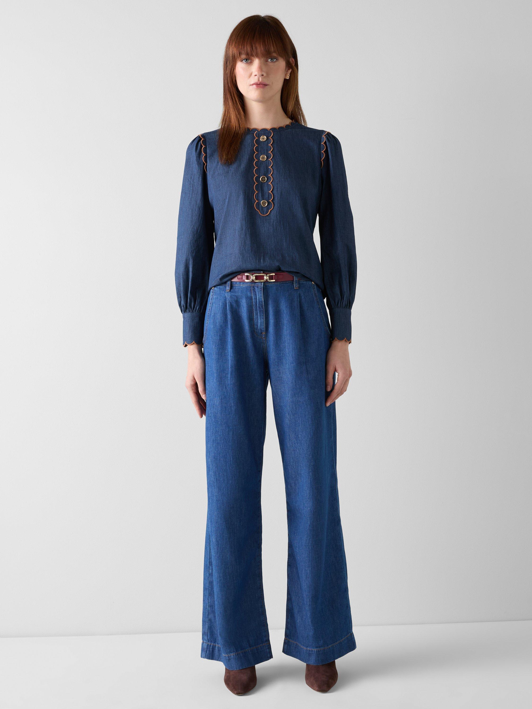 Product image 1 of 5, which shows L.K.Bennett Jenny Woven Denim Blouse, Indigo, 6
