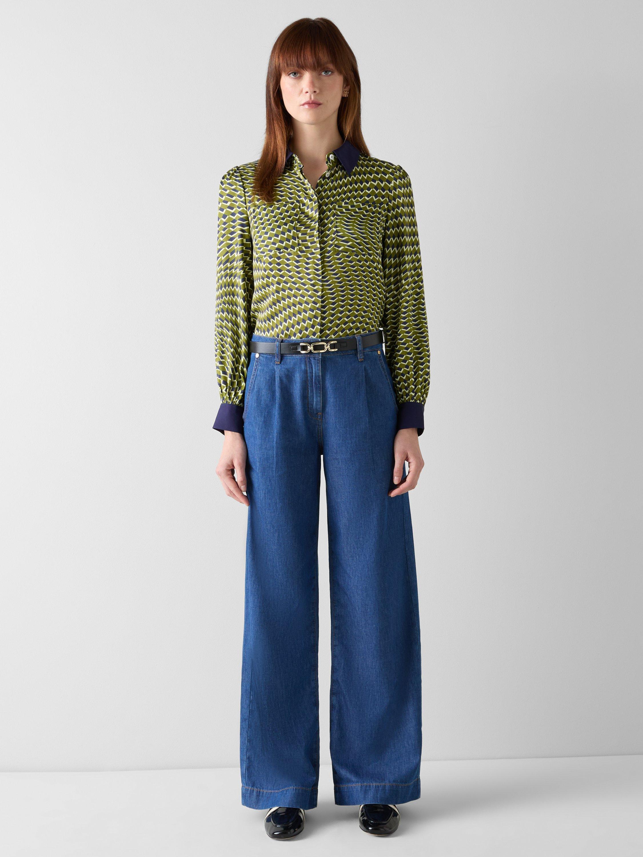 Product image 1 of 5, which shows L.K.Bennett Henri Geo Pattern Woven Shirt, Green/Multi, 6