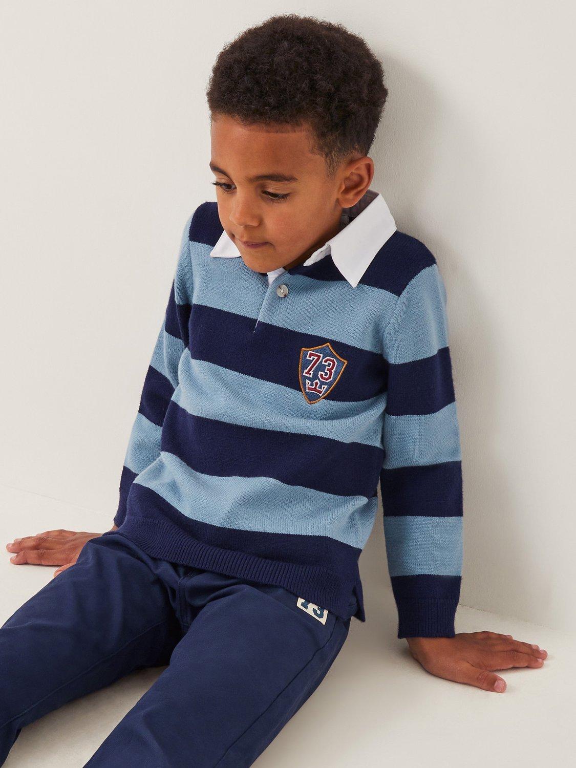 Product image 1 of 4, which shows Monsoon Kids' Varsity Striped Polo Jumper, Blue, 7-8 years