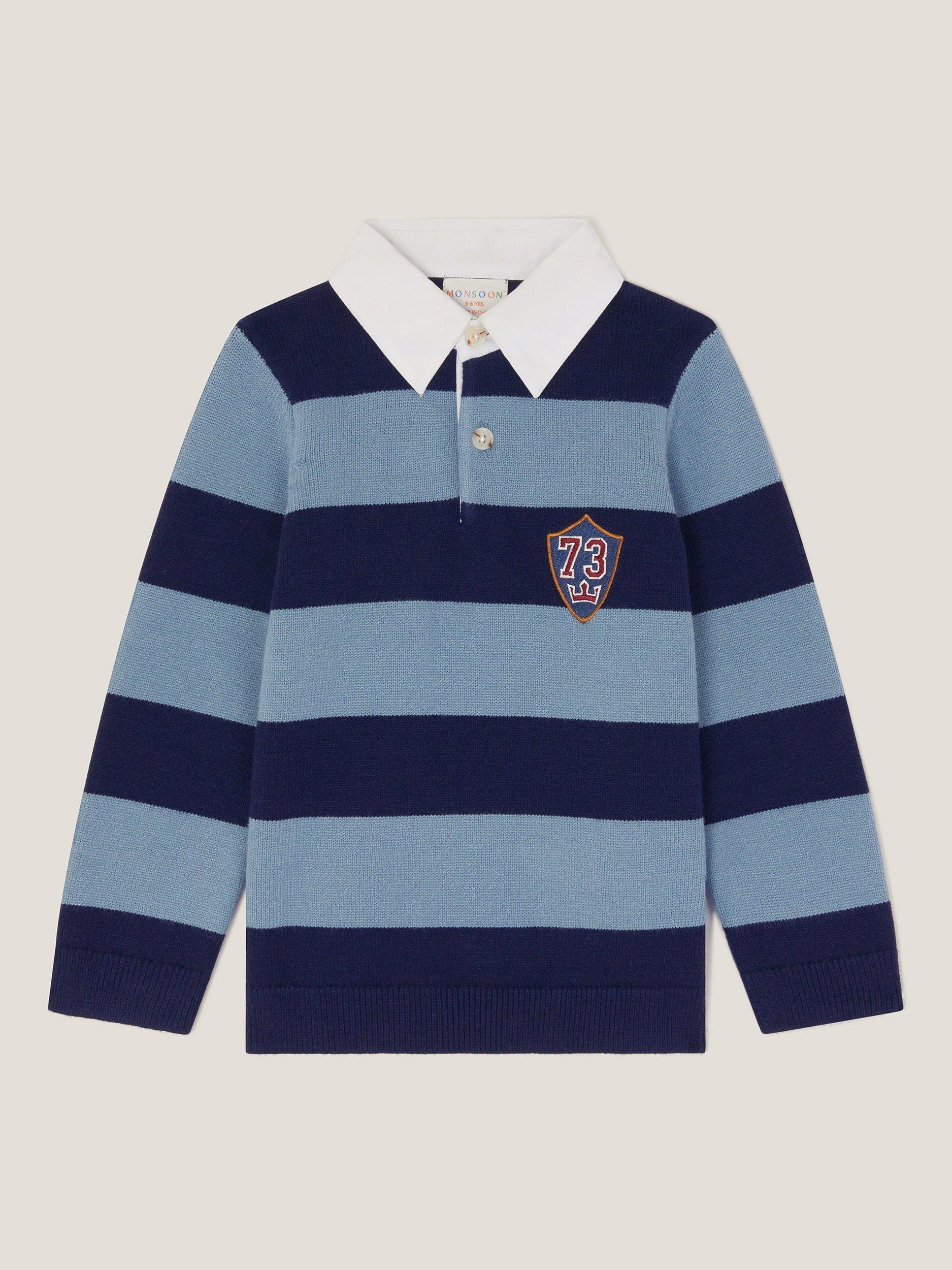 Product image 2 of 4, which shows Monsoon Kids' Varsity Striped Polo Jumper, Blue, 7-8 years