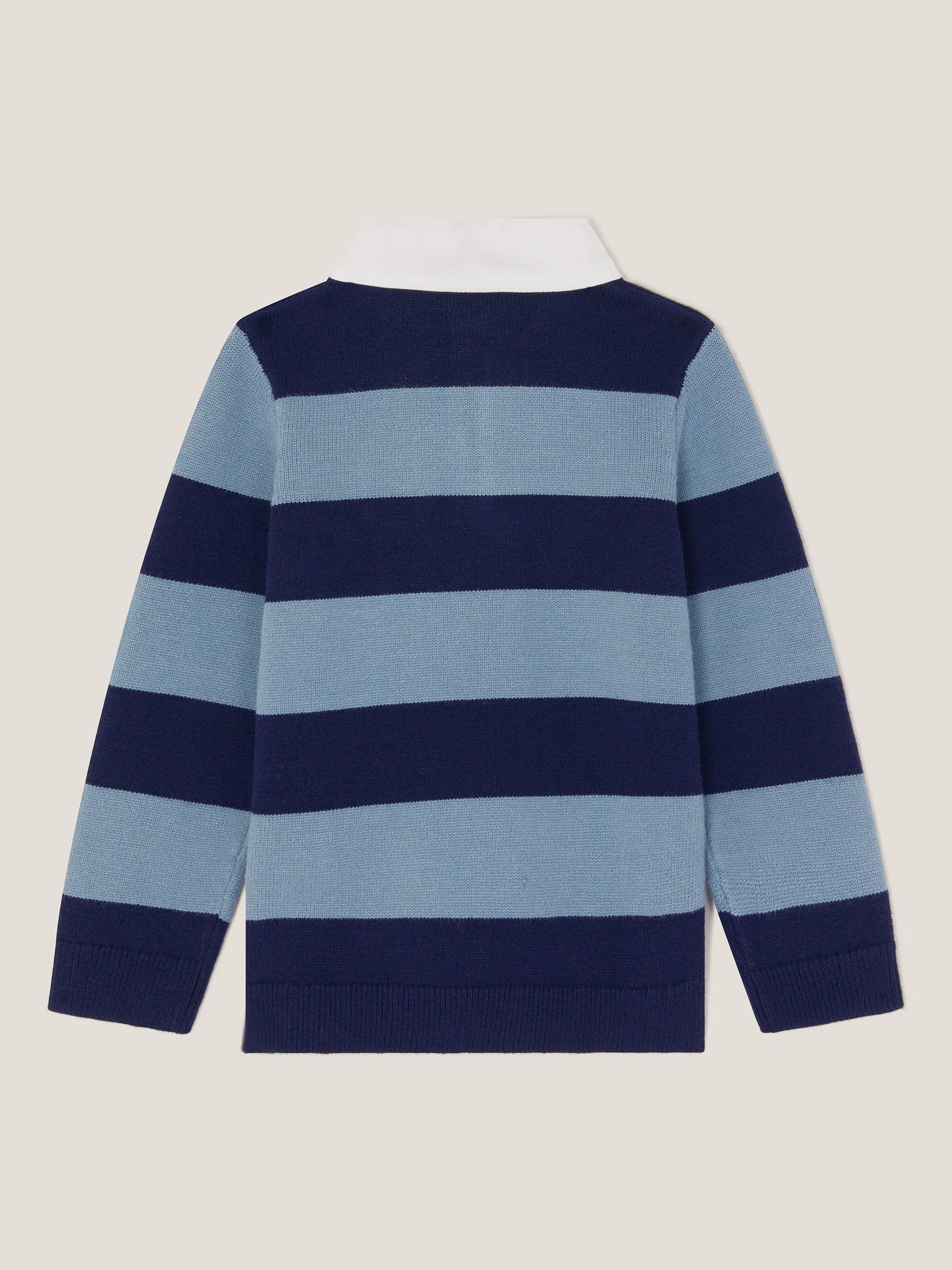 Product image 3 of 4, which shows Monsoon Kids' Varsity Striped Polo Jumper, Blue, 7-8 years