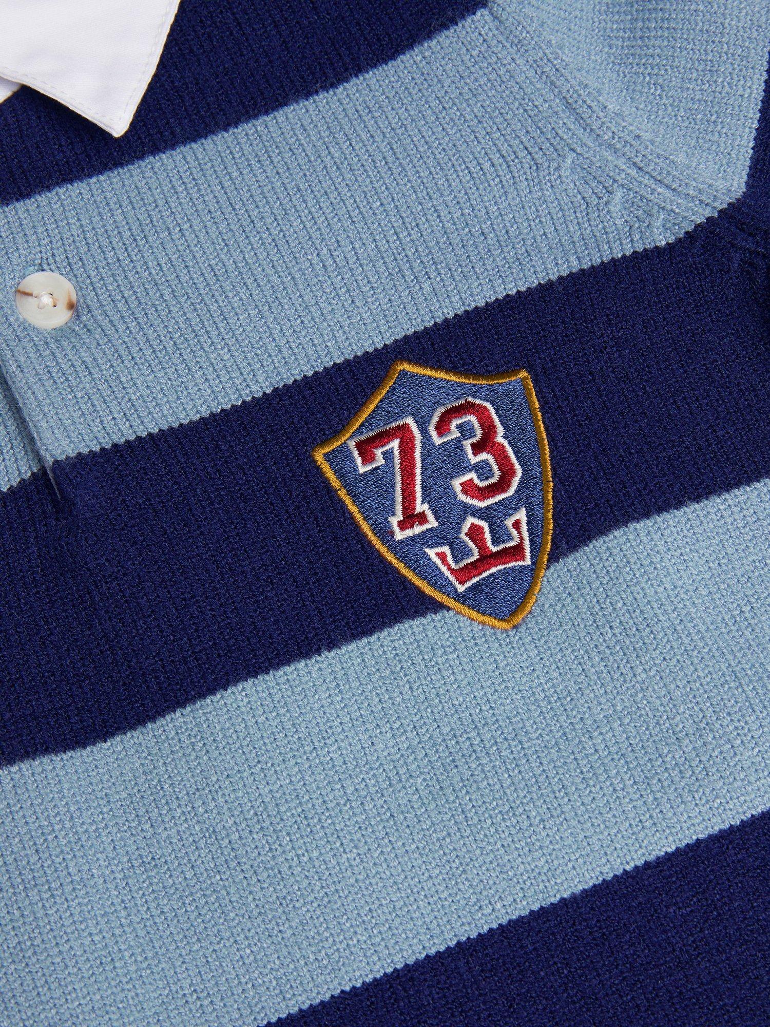 Product image 4 of 4, which shows Monsoon Kids' Varsity Striped Polo Jumper, Blue, 7-8 years