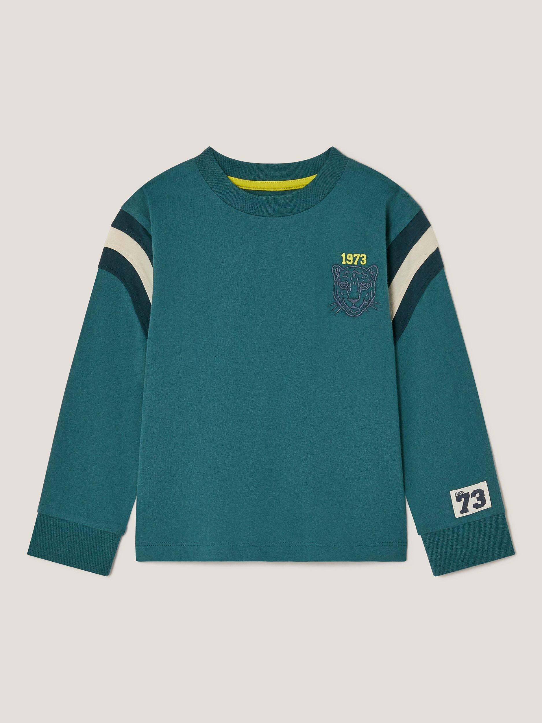 Product image 1 of 3, which shows Monsoon Kids' Tiger Logo Top, Blue, 3-4 years